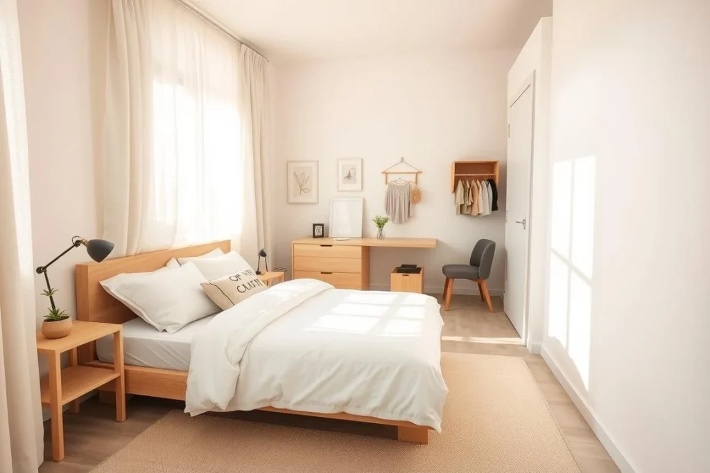 Bright small bedroom with compact desk and nightstand showing space-saving bedroom ideas in action