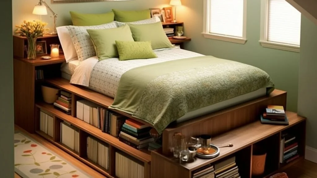 small bedroom with wall-mounted shelves and hidden drawer bed – storage beds small space living