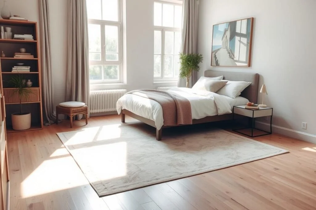 Bedroom rug guide example for small room rug layouts using layering - definitive bedroom rug