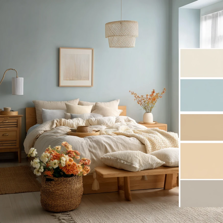 Soft color palette in pastels and warm neutrals for dreamy bedroom ideas - dreamy bedroom serene escape
