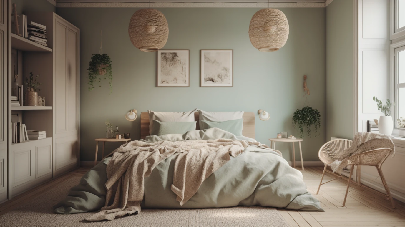 Serene Bedroom Sanctuary with warm layered lighting in soft pastel tones