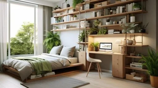 Small bright bedroom with low bed, shelving, desk and plants keeping the space uncluttered