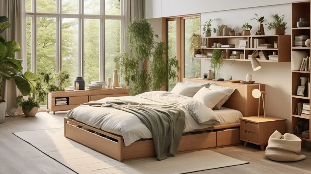 affordable bed frame with built-in drawers in a bright room – storage beds small space living