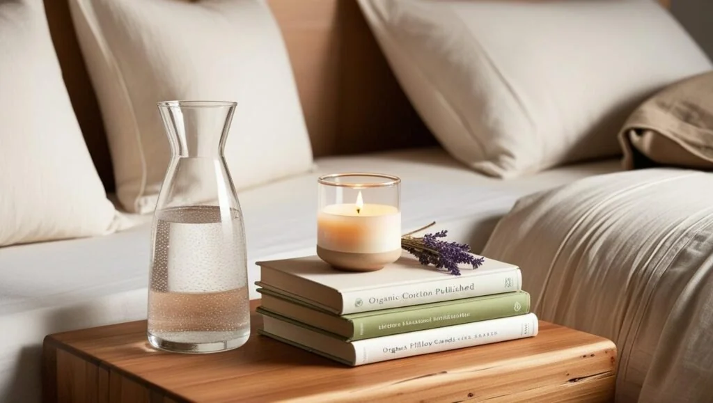 green bedroom essentials with sustainable furniture and plants 