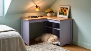 elegant master bedroom study table design with wood and classic decor