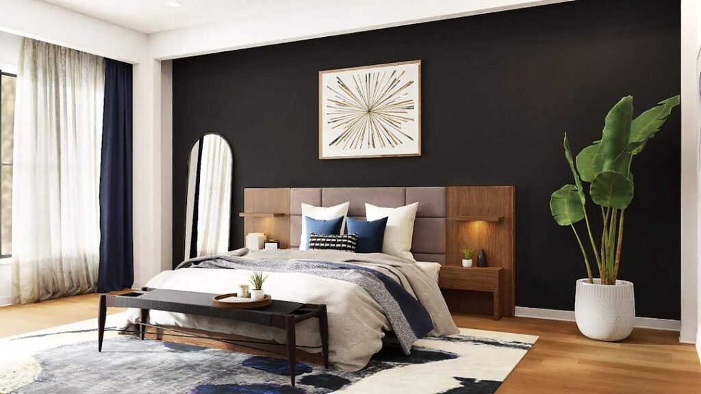 Modern guest bedroom with upholstered bed, bench seat, and large potted plant