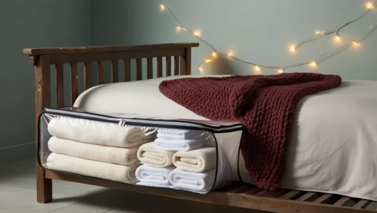 Zippered fabric bag holding folded blankets and towels tucked beneath a wooden bed frame
