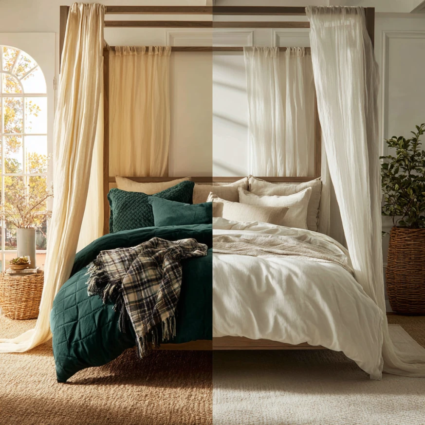 upholstered canopy bed styled with plush fabrics