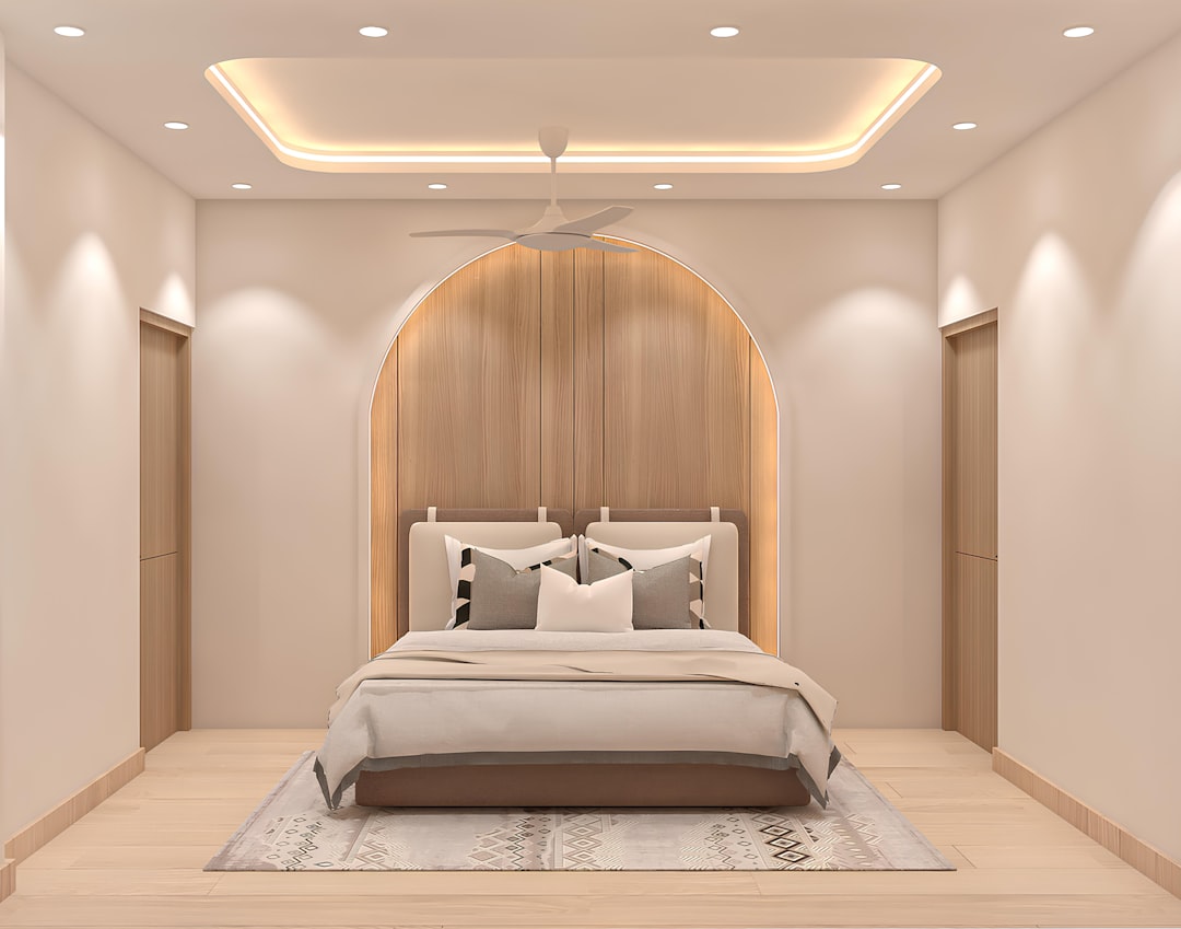 modern bedroom with ceiling lighting and floor lamps