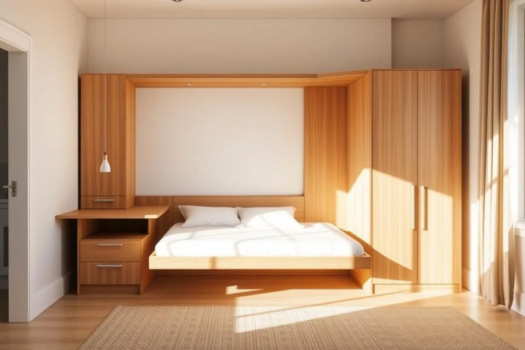Wall bed with desk demonstrates bedroom furniture space saving ideas that add daytime function.