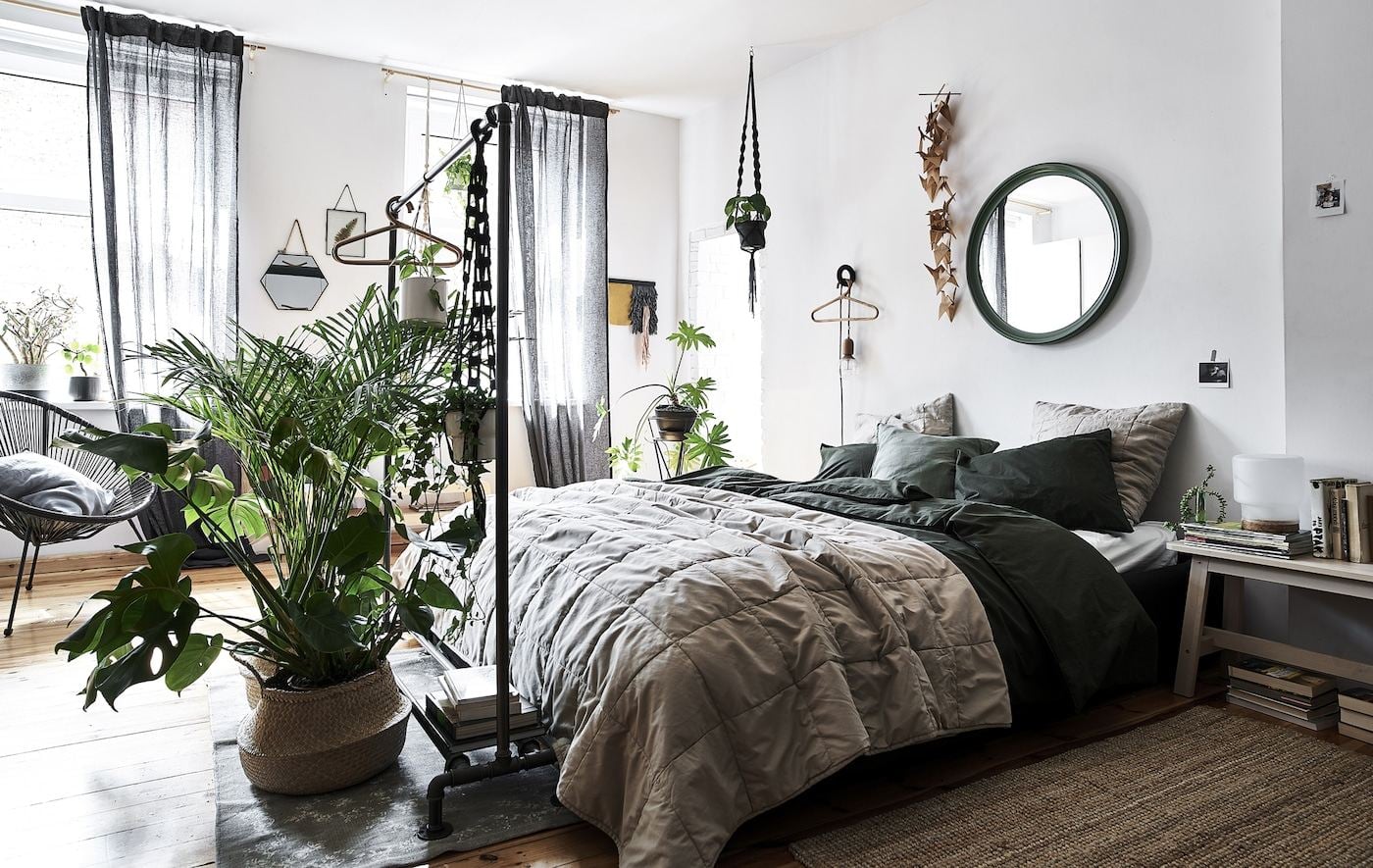 Cozy bedroom with eco-friendly bedding, unmade bed, and plants by window