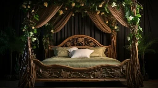 wooden canopy bed decor with vintage touches and velvet drapes