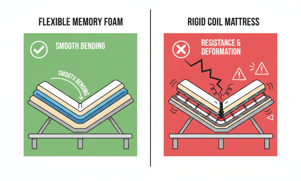 Foam mattress demonstrating adjustable bed mattress compatibility with smooth flexibility.