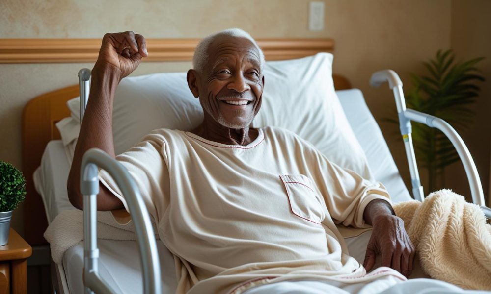 smiling elderly man enjoying comfort in an adjustable bed with raised back support