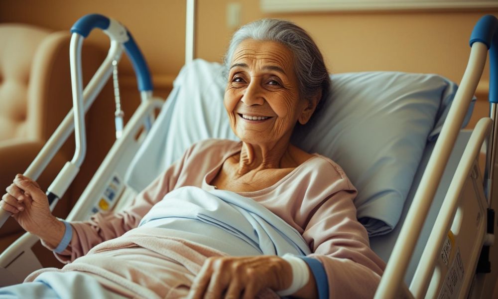 elderly woman smiling in hospital-style bed highlighting adjustable beds types benefits and best uses for senior comfort and independence