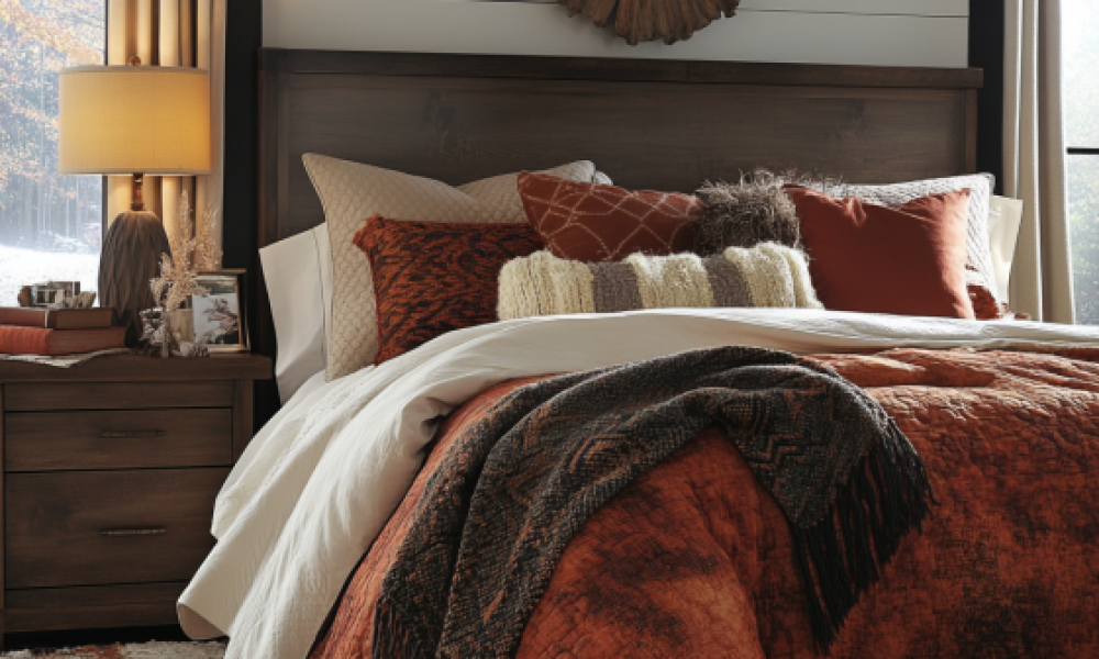 Ashley Furniture bedding sets with neutral colors and modern bedroom accessories.