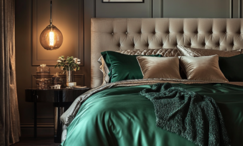 Luxurious bed with emerald green comforter, silk pillowcases, and a tufted headboard, highlighting sophisticated bed aesthetics.