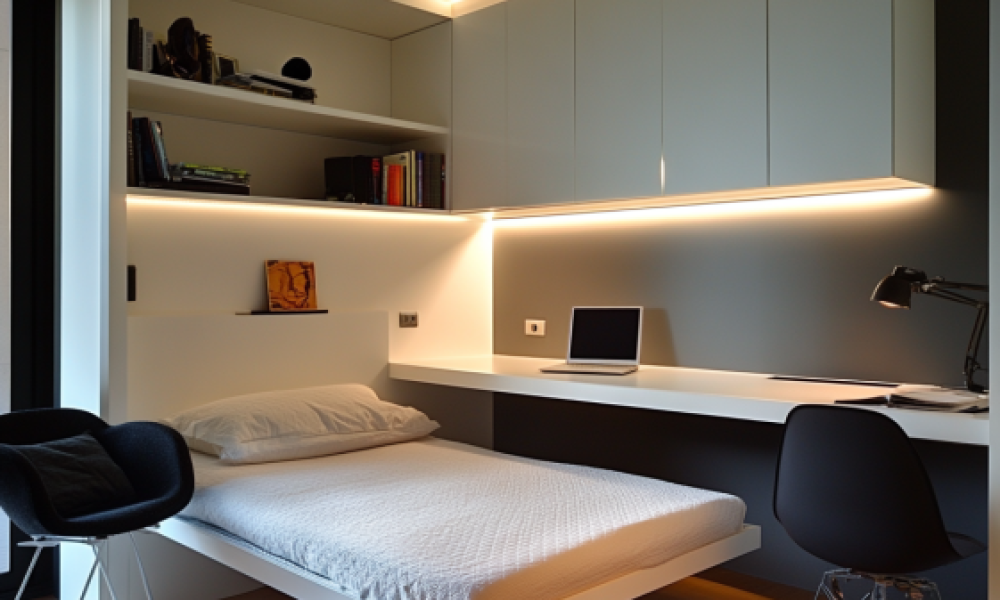 Modern studio with a Bed That Folds Into the Wall, featuring a minimalist setup and space-saving furniture.