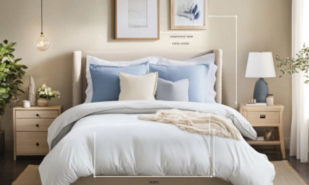 Infographic of bed sizes compared, featuring Queen, Full, and King beds side by side. Each bed is neatly made and labeled, with arrows and measurements highlighting the width and length differences. The background shows a cozy bedroom setting with soft lighting, and the design uses calming colors like soft blues and grays.
