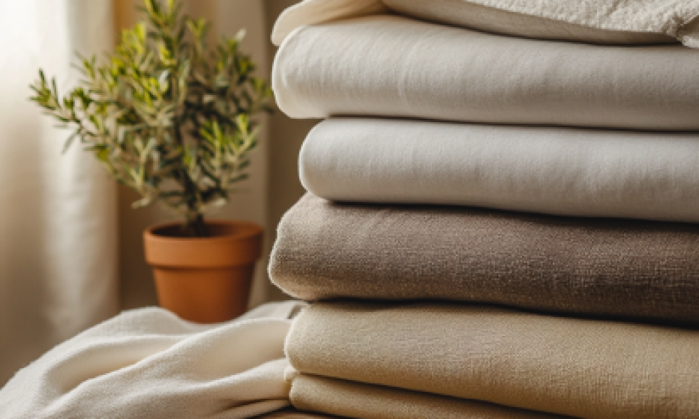 "Neatly sorted bedding, including cotton sheets and delicate fabrics, arranged in front of a washing machine to prevent bedding shrinkage."