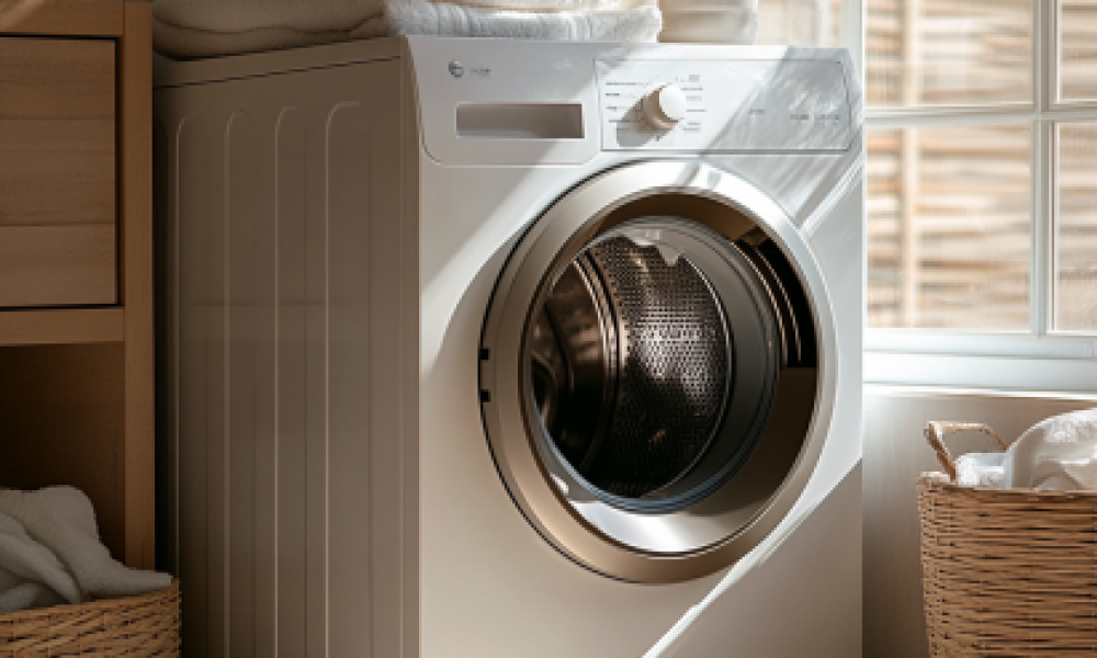Washing machine in bright laundry room with folded towels and plants, can bedding be washed at 30 or 60 degrees.