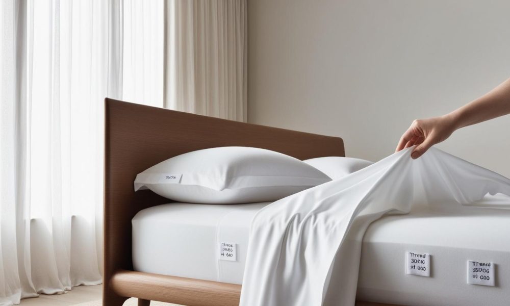 Comparing bedding quality thread count with labeled cotton sheets in a sunlit, minimalist bedroom.