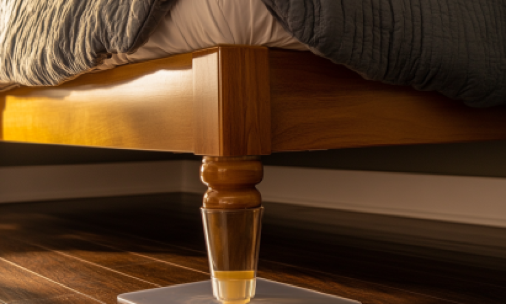 "Why Does My Bed Frame Squeak? A bed frame leg resting on a rubber pad to reduce noise."