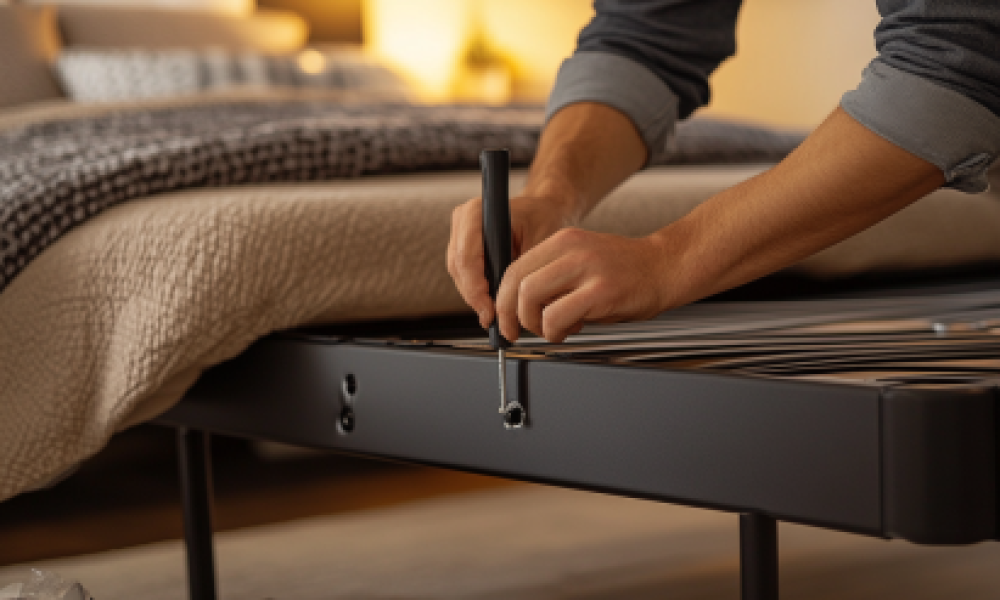 Bedframe 1 "Tightening bolts on a noisy bed frame to stop squeaking."