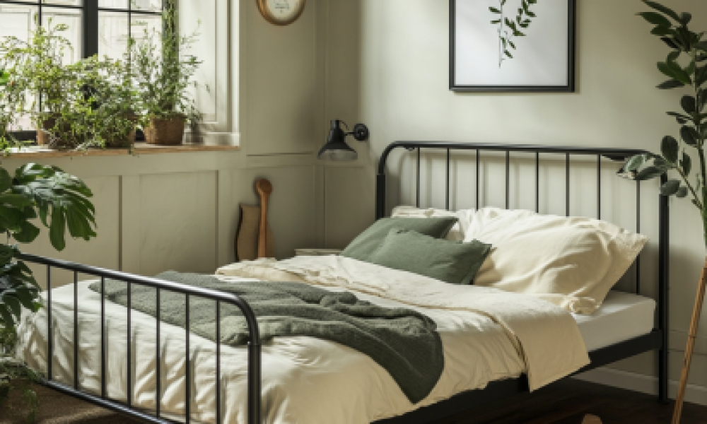 "Metal bed frame with felt pads and rubber mallet for fixing squeaky bed frames."