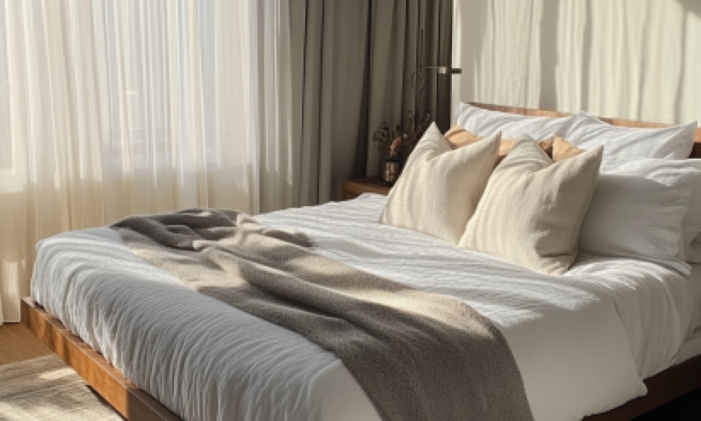 Replace your bed frame with a sleek modern platform design styled with white bedding and cozy gray accents in a sunlight-filled room.