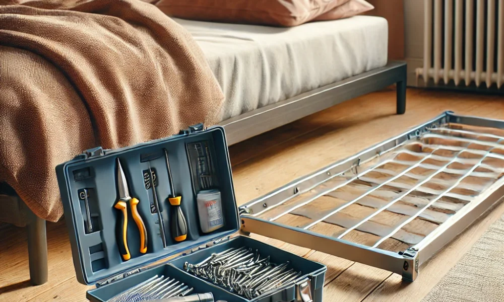 Toolbox next to a disassembled metal bed frame – metal bed frame maintenance