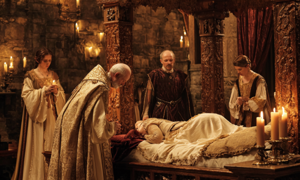 Noble family bedchamber prepared for bedding ceremonies in Renaissance Europe