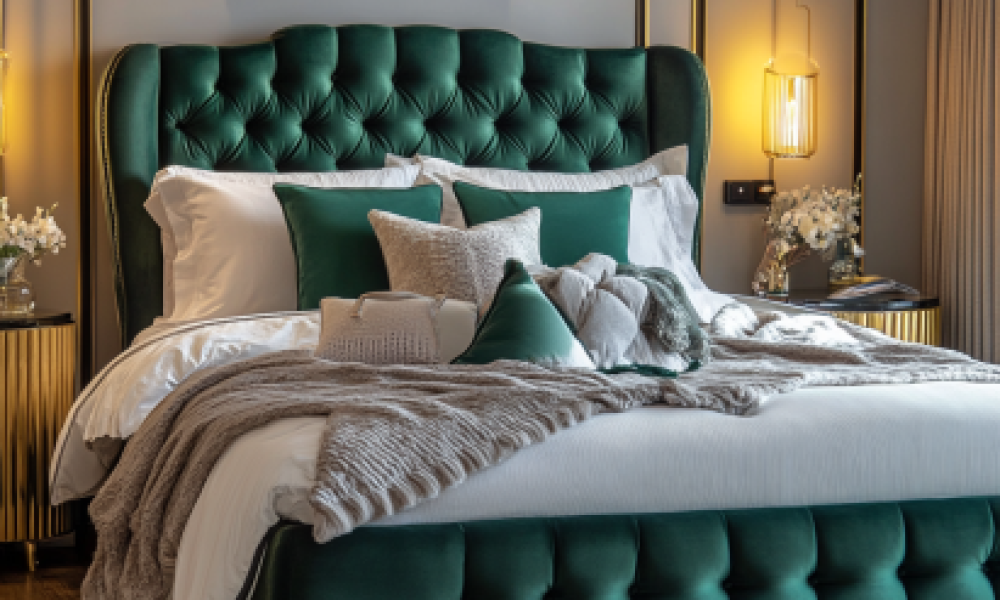 Green velvet bed frame with gold side tables, featured in a guide to velvet bed frames