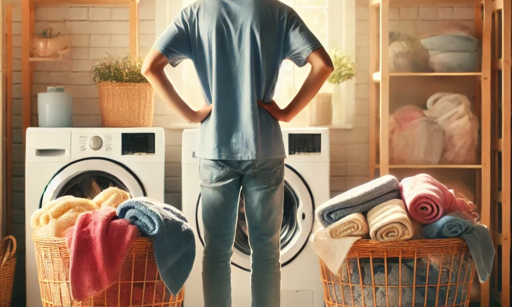 Can bedding and towels be washed together discover the answer – person deciding between two laundry baskets.