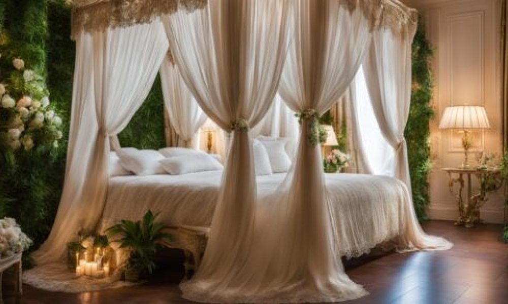 Sophisticated bedroom with a wooden canopy four-poster bed, adorned in neutral luxury fabrics, surrounded by soft lighting and elegant furnishings—showcasing the timeless appeal of canopy and four-poster beds.