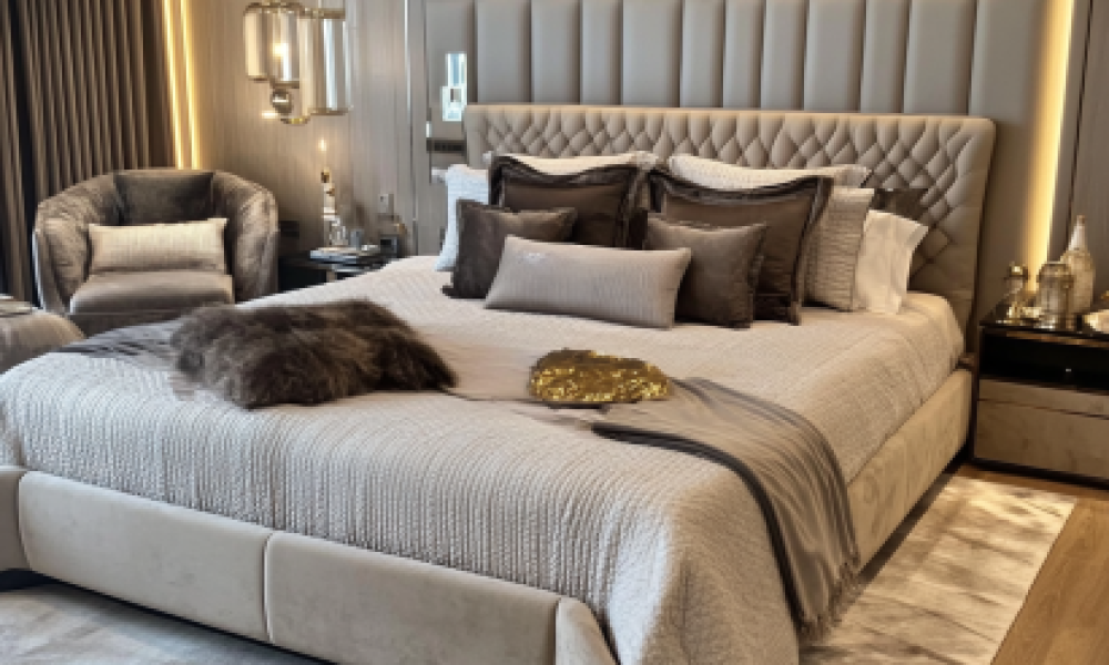 Spacious king bed room setup with elegant decor, cozy bedding, and optimal furniture arrangement for comfort and style