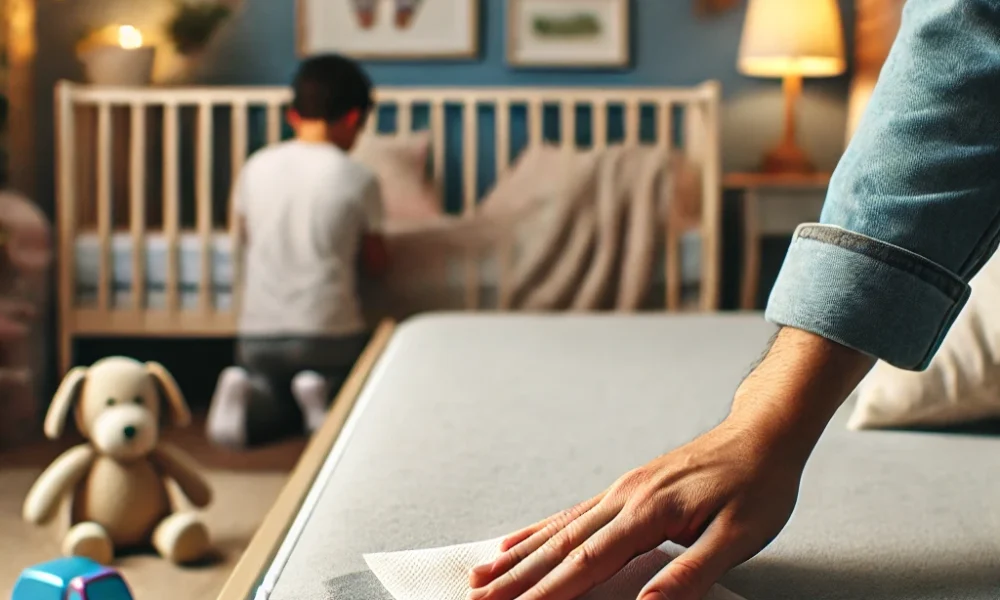 Parent trying to clean pee from a mattress no vacuum style using towels in a cozy child’s bedroom