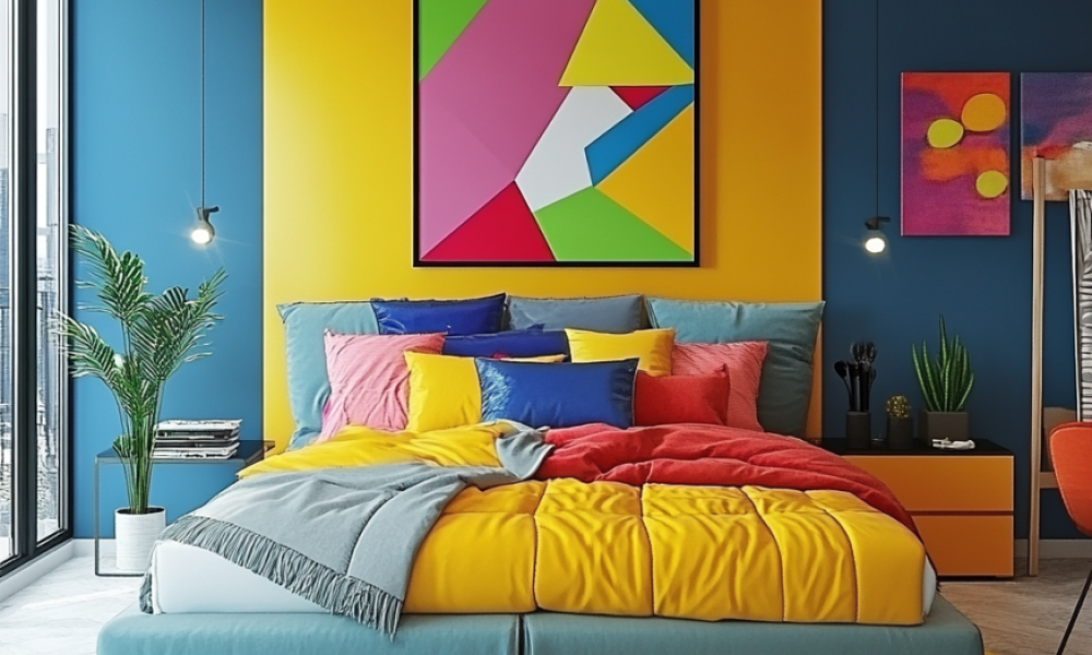 Colorful Bedroom Decor 2 "A vibrant and stylish bedroom featuring colorful bedroom decor, including a bold statement wall, jewel-toned bedding, patterned throw pillows, and modern accent furniture, creating a lively and expressive interior design."