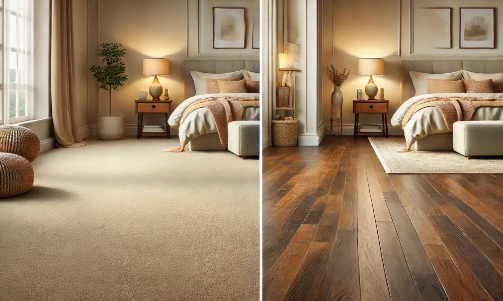 Carpet vs Hardwood in Bedrooms – Cozy modern bedroom with plush carpet flooring and wood accent wall