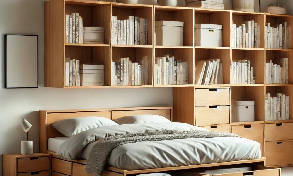 Space-saving bookcase storage beds with extra shelves for budget-friendly bedroom storage.