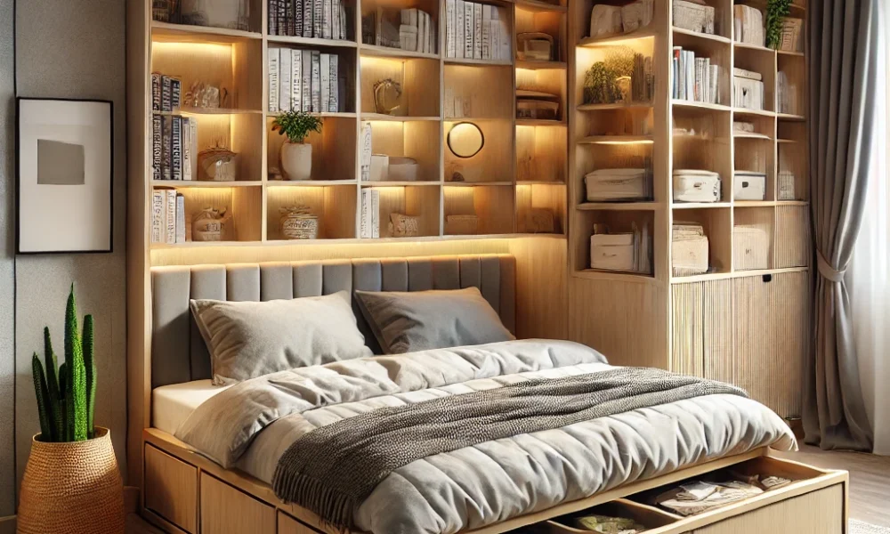 Compact bookcase storage beds for studio apartments with built-in shelves, modern design, and space-saving functionality.