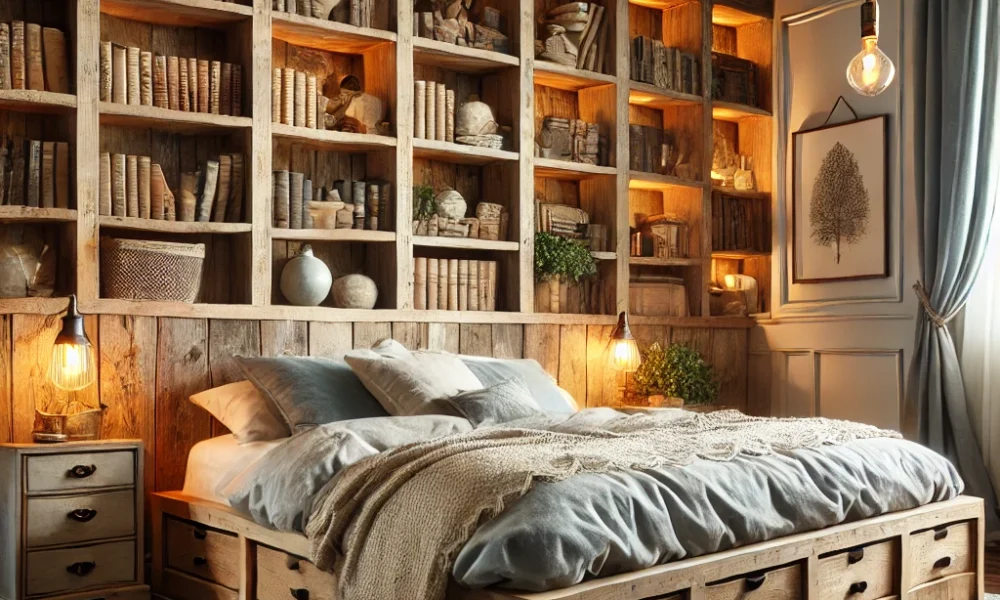 Stylish bookcase storage beds in a rustic reclaimed wood design, featuring built-in shelves with vintage books and farmhouse-style decor for a cozy atmosphere.