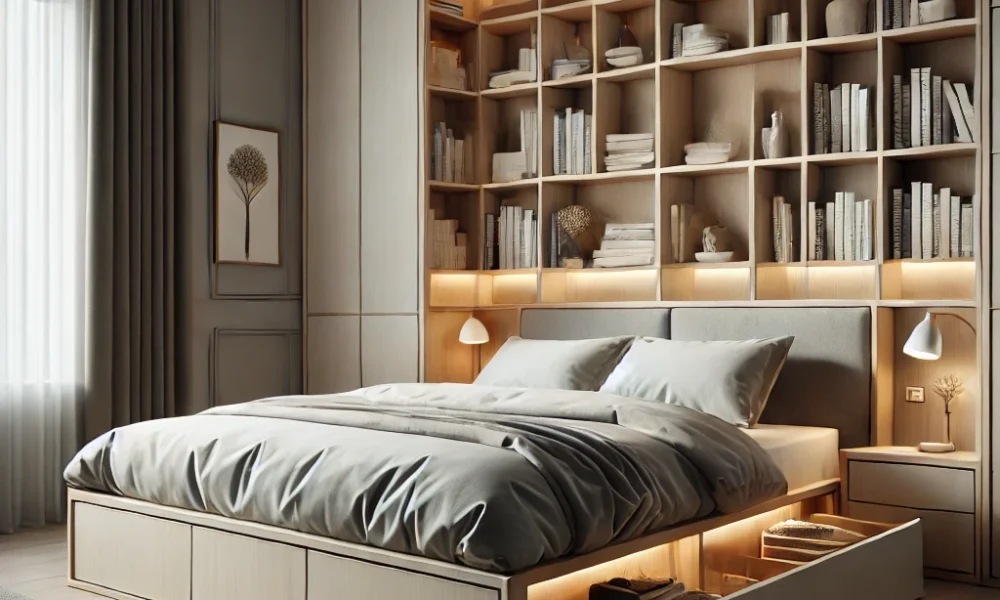 Queen-size bookcase storage bed with a sleek wooden frame, built-in shelves, and ambient lighting in a modern bedroom.