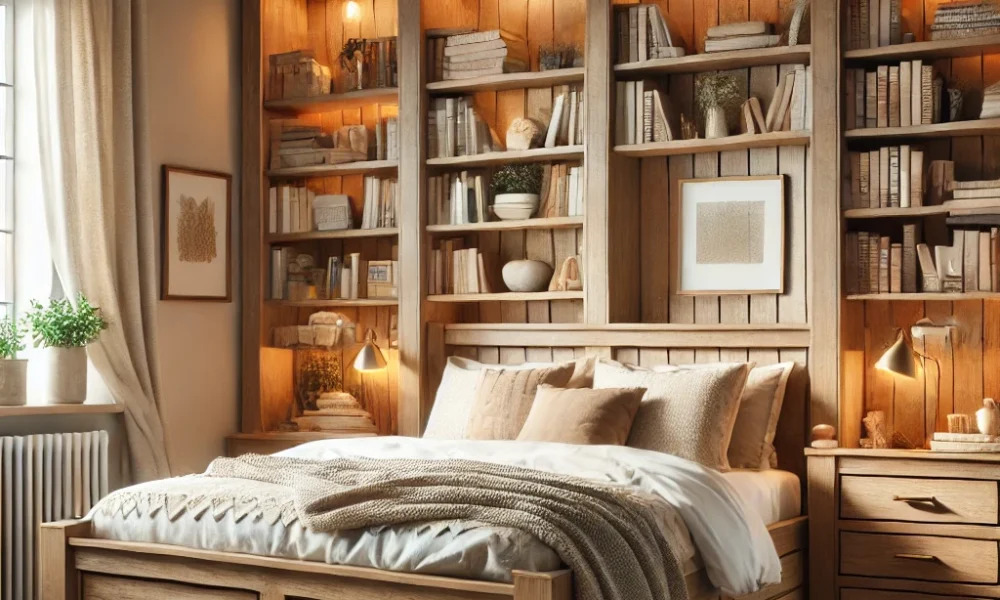 DALL·E 2025-02-06 04.30.25 – A cozy bedroom showcasing a queen-size bookcase storage bed with a rustic wooden finish. The built-in shelves are filled with neatly arranged books, w Luxurious queen-size bookcase storage bed with an upholstered headboard, integrated LED lighting, and neatly arranged books for an elegant atmosphere.