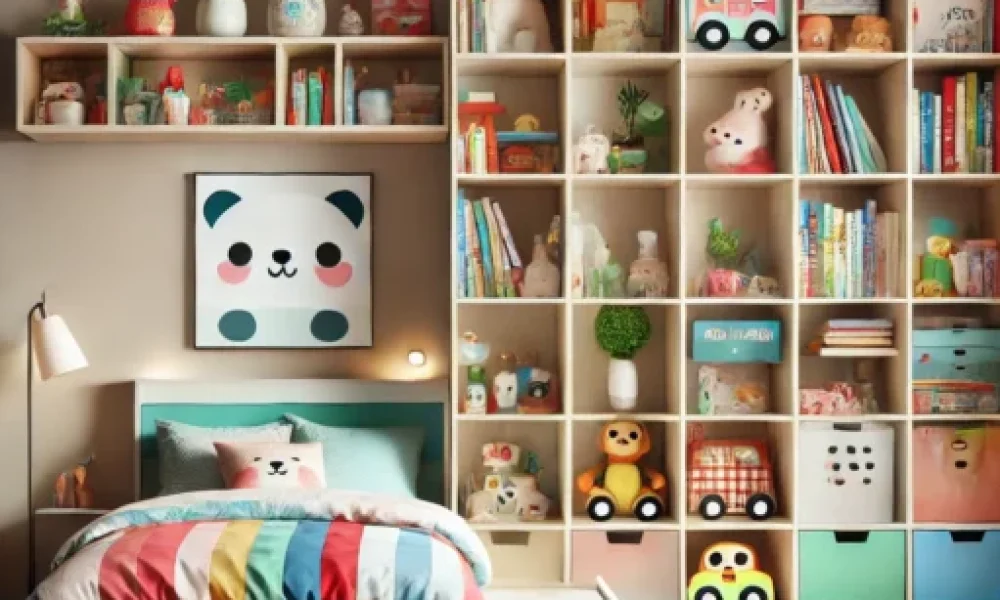 Bright and cheerful kids' modern bookcase storage bed featuring vibrant shelves with colorful books, stuffed animals, and playful decorations.