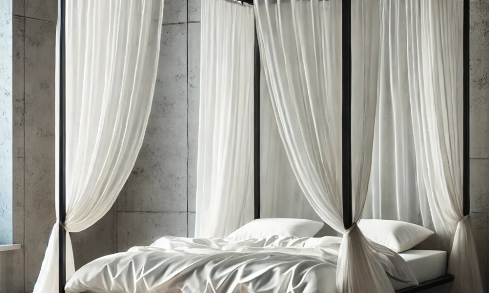 Modern minimalist canopy bed frame in a loft-style room with sheer white curtains.