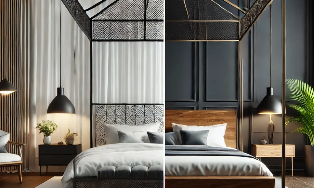 King Canopy Beds vs. Four Poster Beds Modern bedroom comparison with a sleek metal canopy bed next to a traditional wooden four-poster bed.