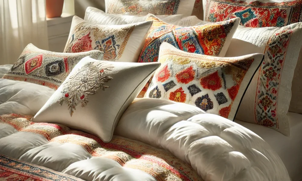 Bedding Sham vs Duvet Cover with embroidered shams and a white linen duvet cover in a cozy bedroom.