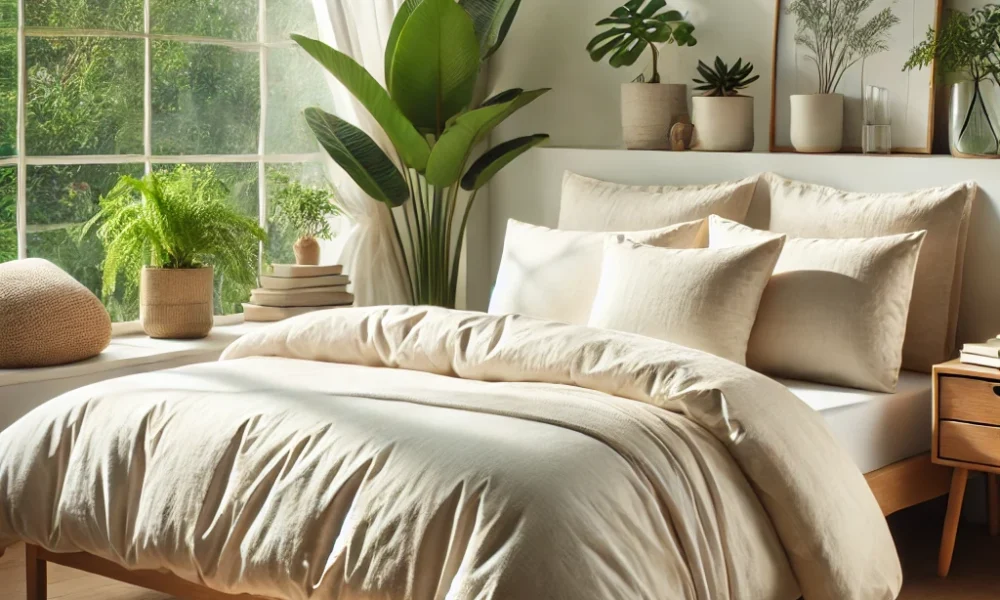 "Minimalist bedroom with eco-conscious bedding, organic cotton sheets, and recycled fiber comforter."
