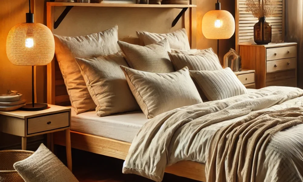 "A cozy bedroom featuring organic bedding materials, including organic cotton sheets, bamboo pillows, and a linen duvet. The room is styled with warm, neutral tones, soft lighting, and wooden furniture, creating a relaxing and eco-friendly sleep environment."